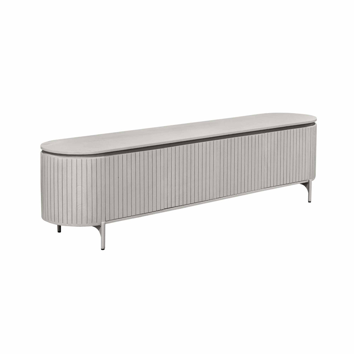 Tv-meubel met geribde frontstroken, ovale top en taps toelopende pootjes, taupe/grijs.