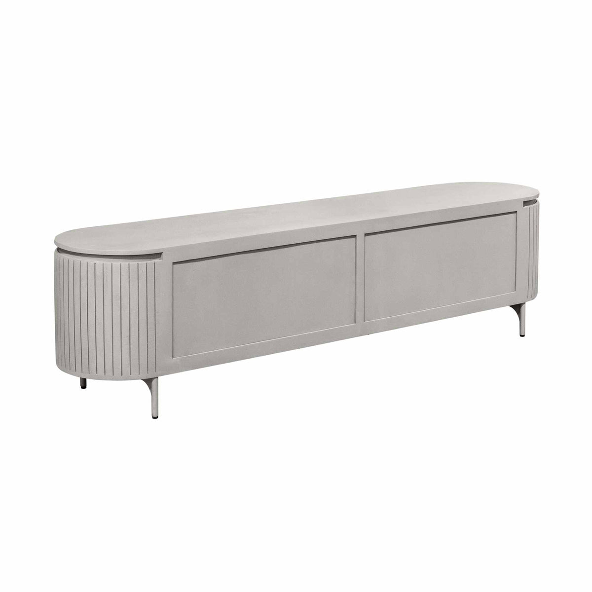 Tv-meubel met twee deurfronten en geribde zijkanten, ovale bovenkant, taupe/grijs.