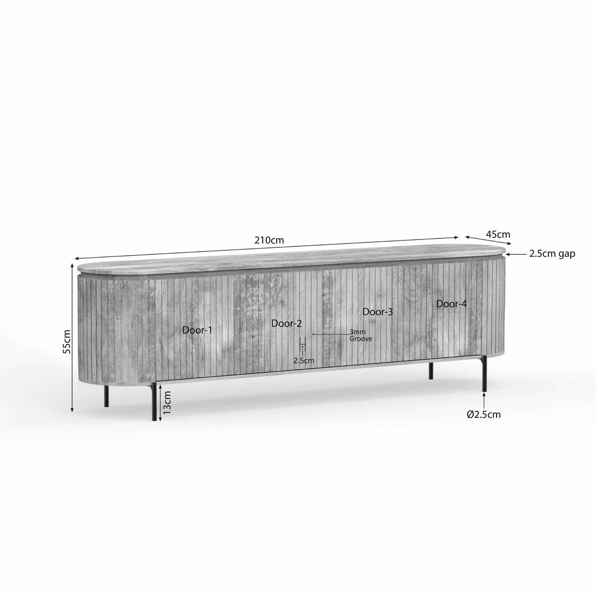 Tv-meubel-dimensionenschets met maatvoering: 210 cm breed en 45 cm diep, taupe/grijs.