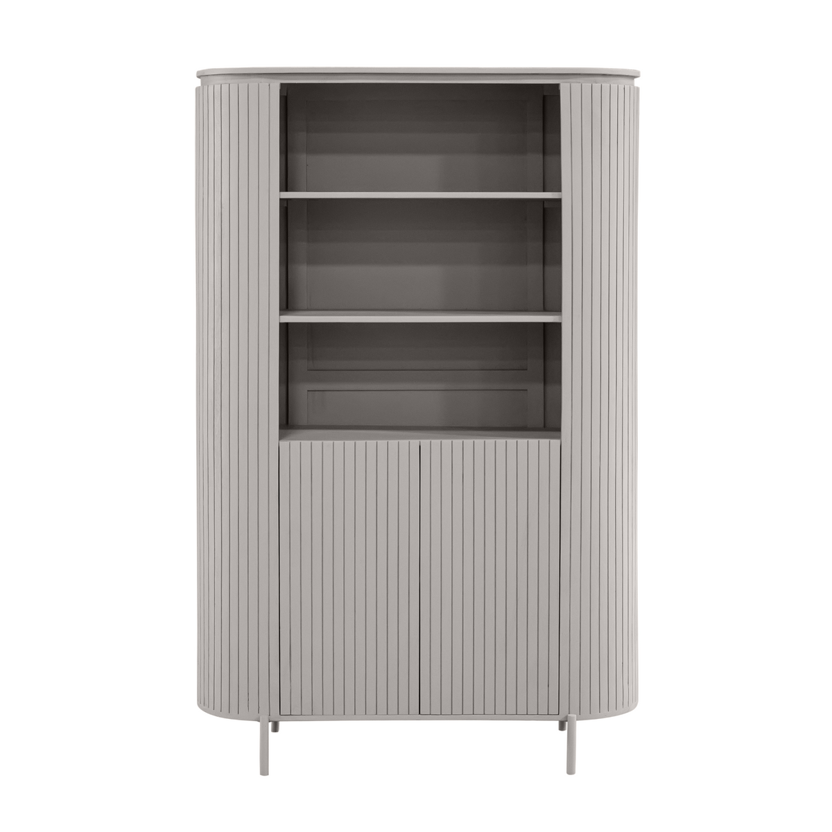 Taupe wandkast met gesloten deuren en geribd front, staand model met pootjes.