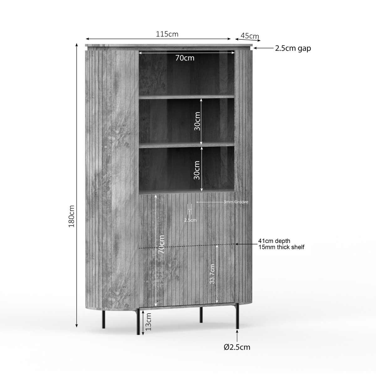 Afmetingen taupe wandkast: 115 cm breed, 45 cm diep, 108 cm hoog.