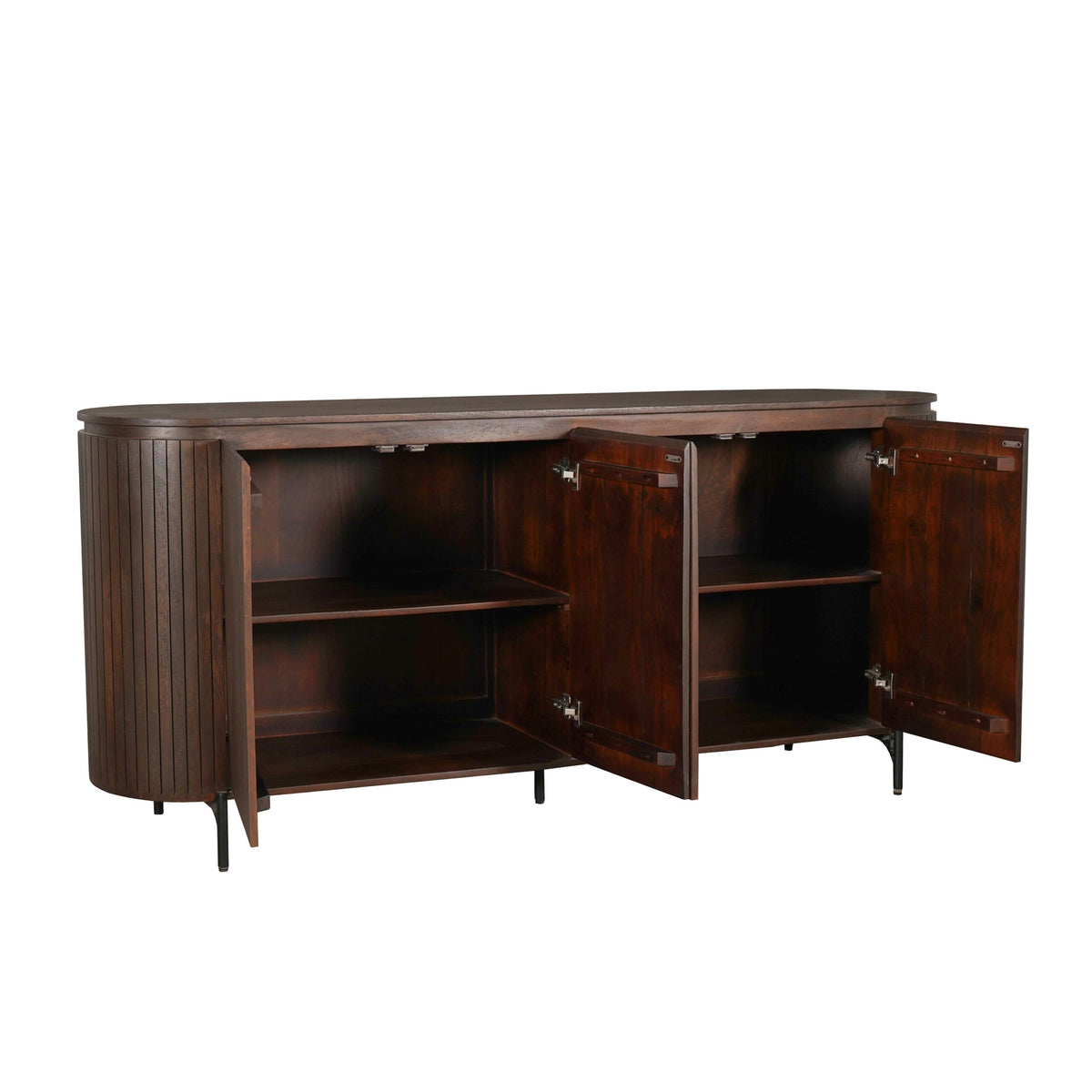 Bruin mangohouten dressoir met open front, binnenruimte en legplanken.