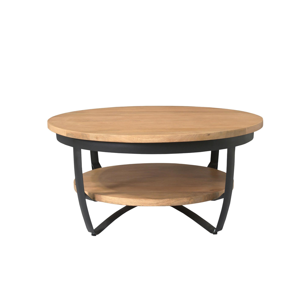 Ronde salontafel licht mango met zwart X-onderstel en onderste plank