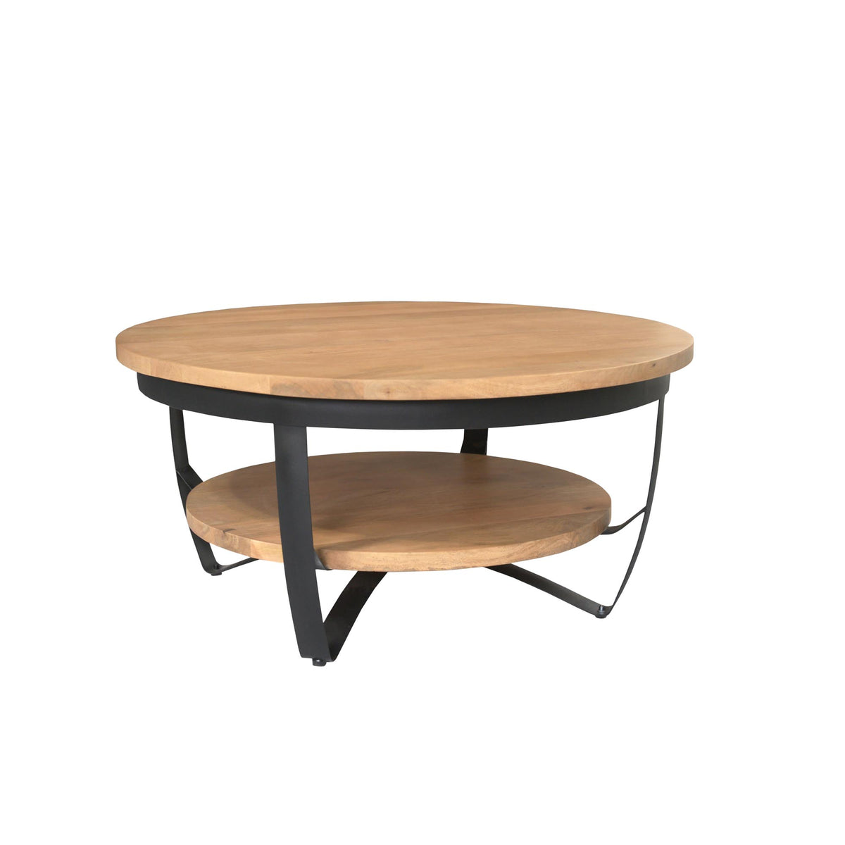 Ronde salontafel licht mango met zwarte poten en onderste ronde opbergplank