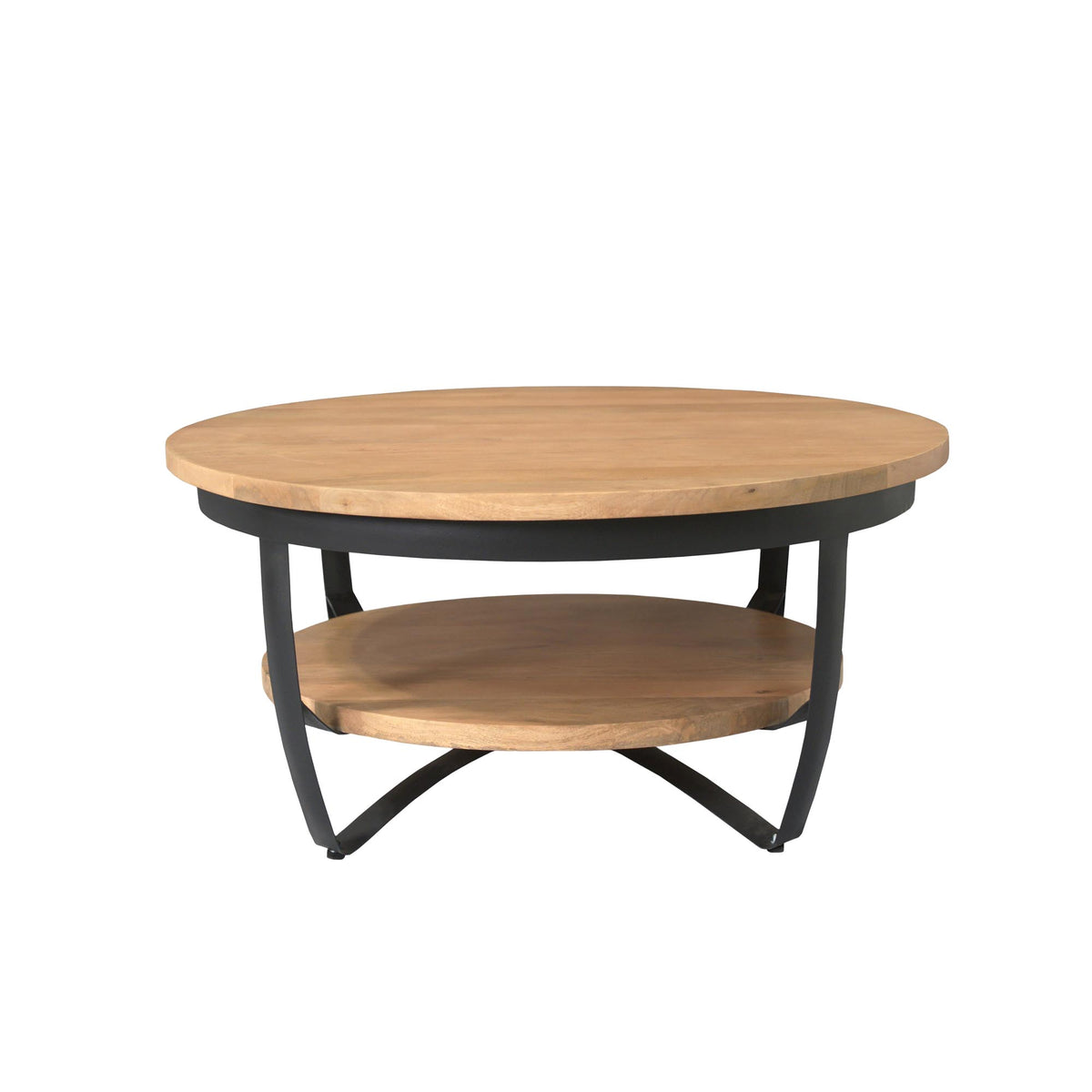 Ronde salontafel licht mangohout met onderplank en donker metalen poten
