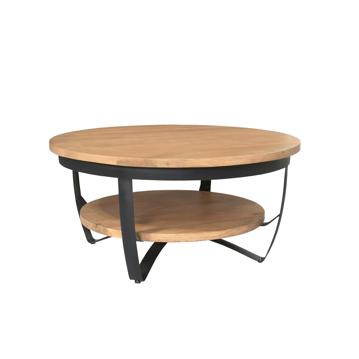 Ronde salontafel van licht mangohout met ronde onderplank en donker metalen onderstel
