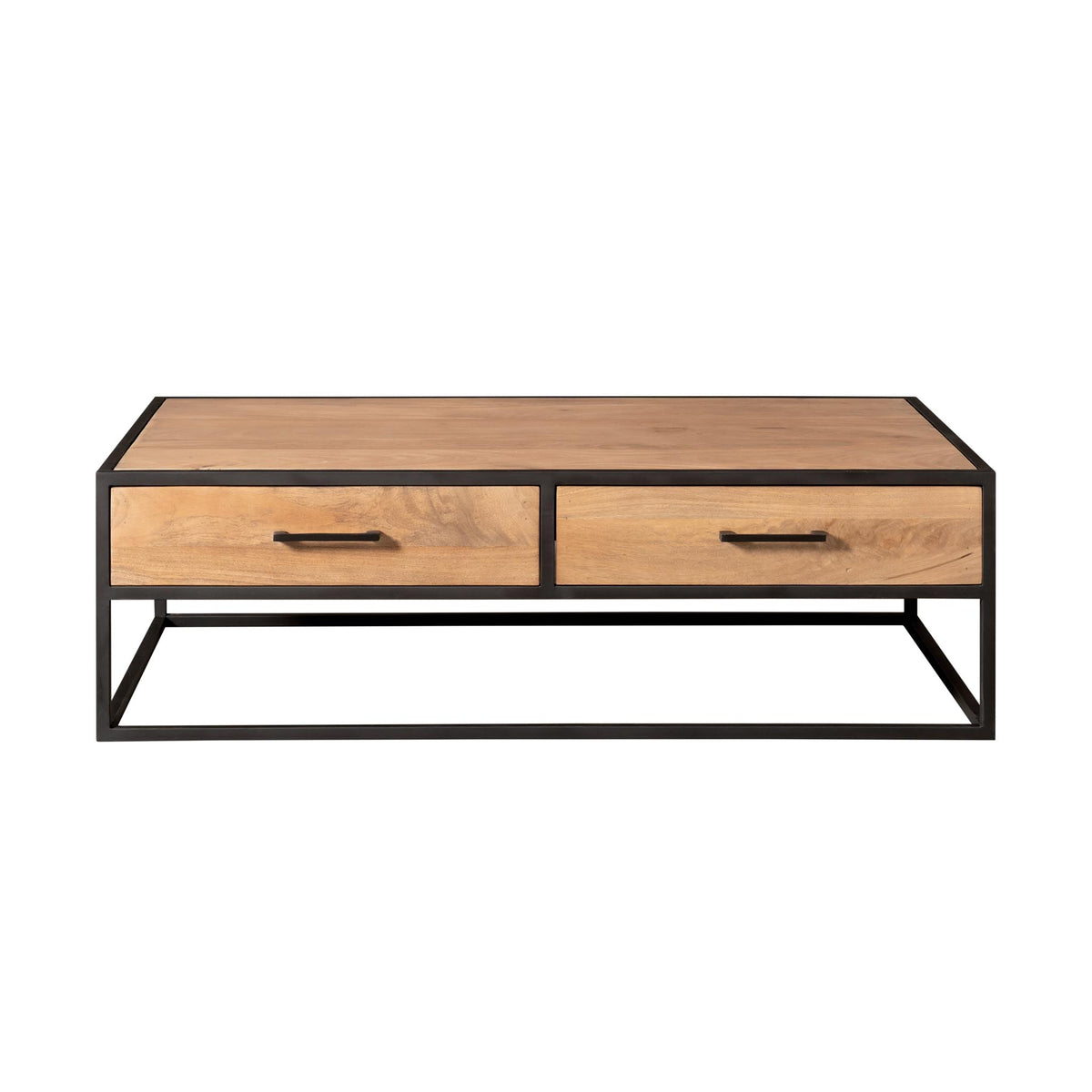Salontafel met rechthoekig houtlook blad, twee laden met metalen greep en zwart frame