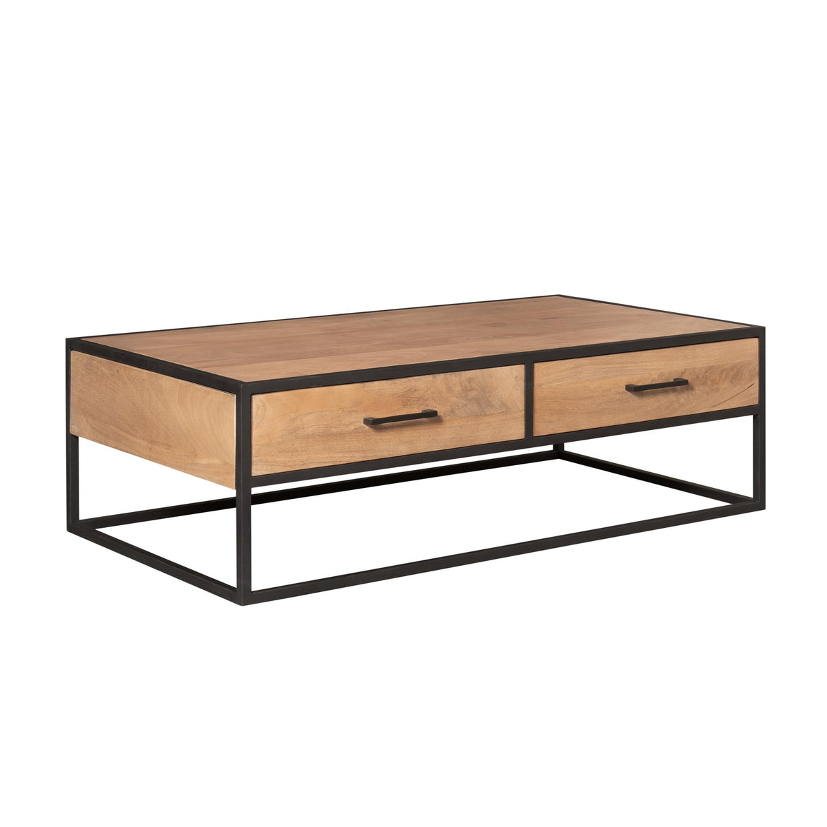Salontafel met houtlook tafelblad, twee laden en zwart metalen frame in zijaanzicht