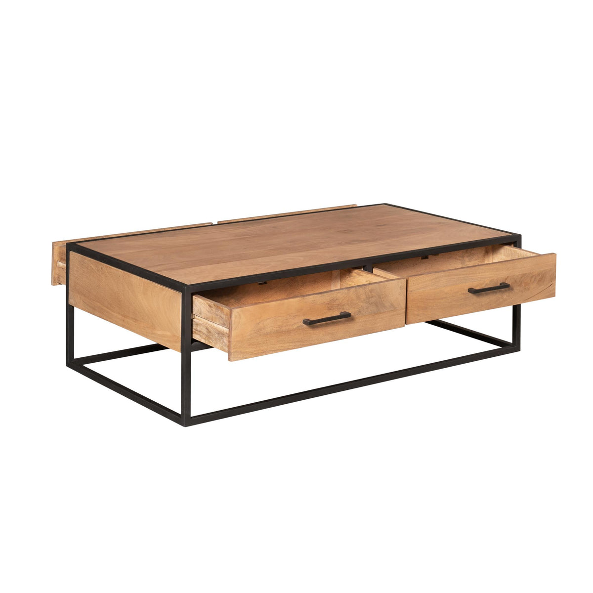 Salontafel met houtlook blad, twee laden en zwart metalen onderstel in hoekaanzicht