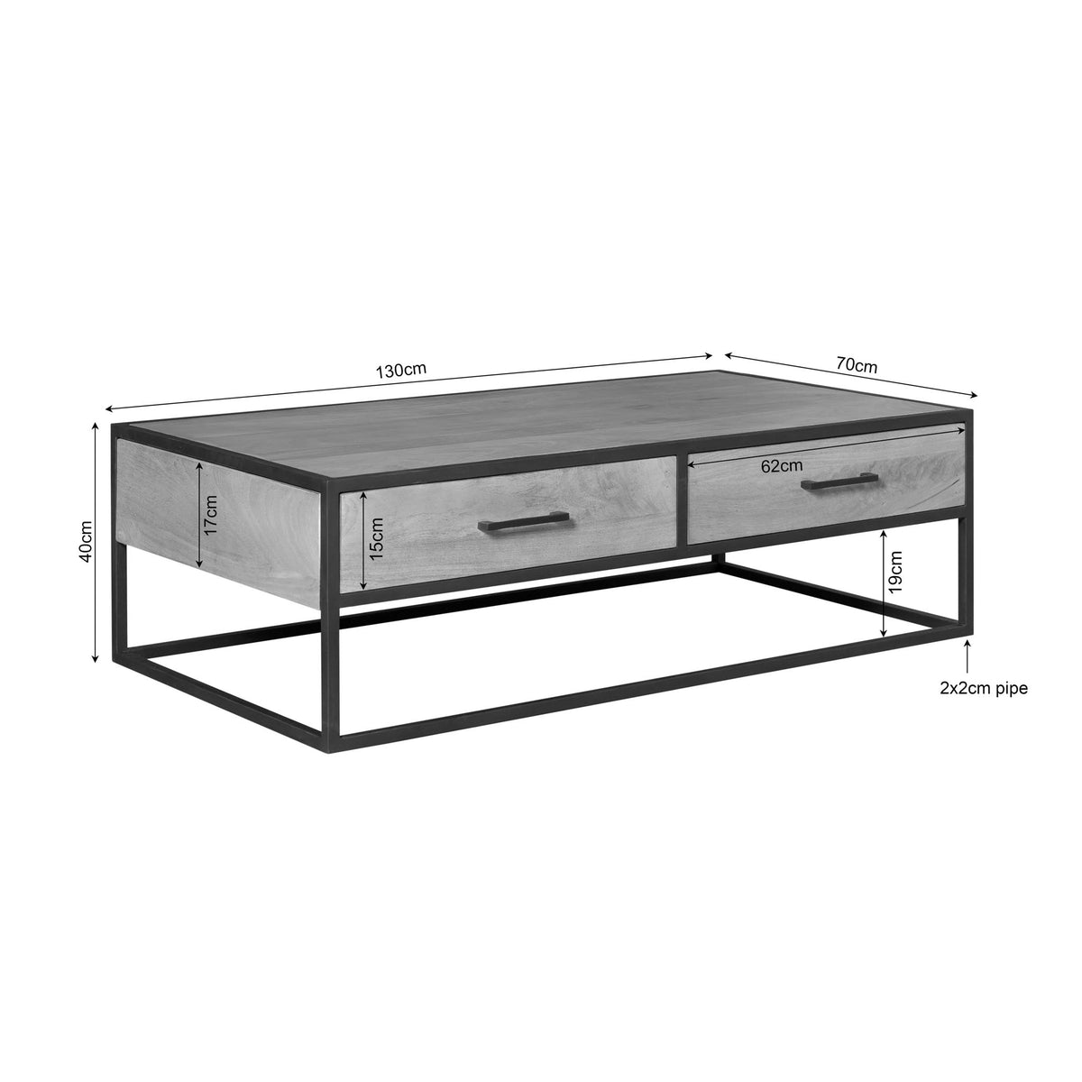 Salontafel met afmetingenschets: houtlook blad, twee laden en zwart metalen frame
