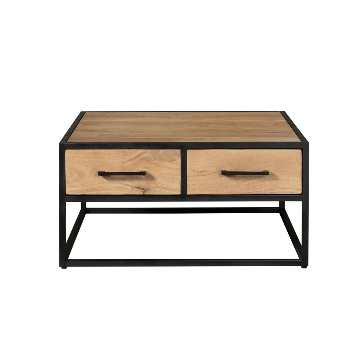 Salontafel met houten blad, twee lades met zwarte greeplijsten en zwart frame