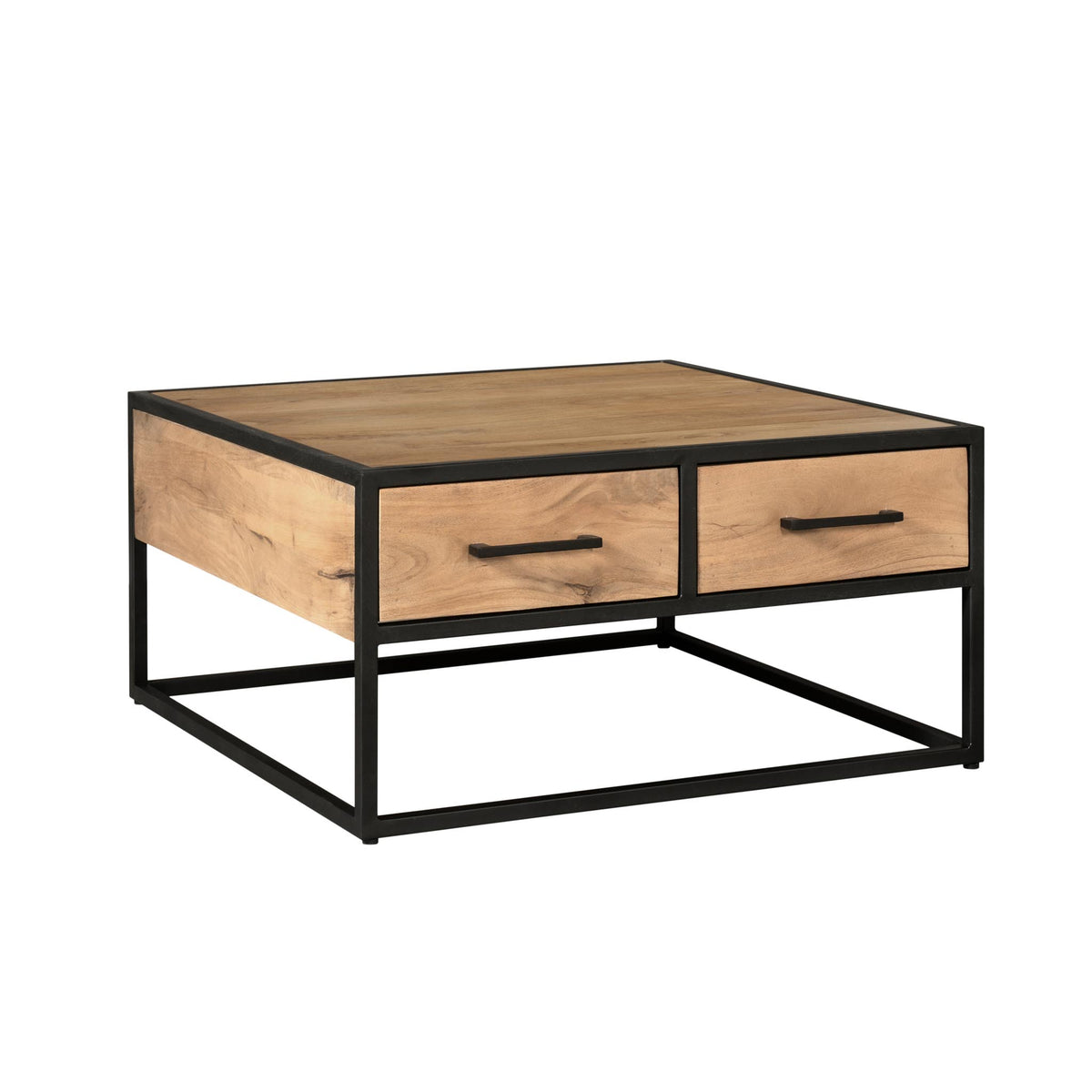 Salontafel met houten bovenkant en twee lades, zwart metalen onderstel