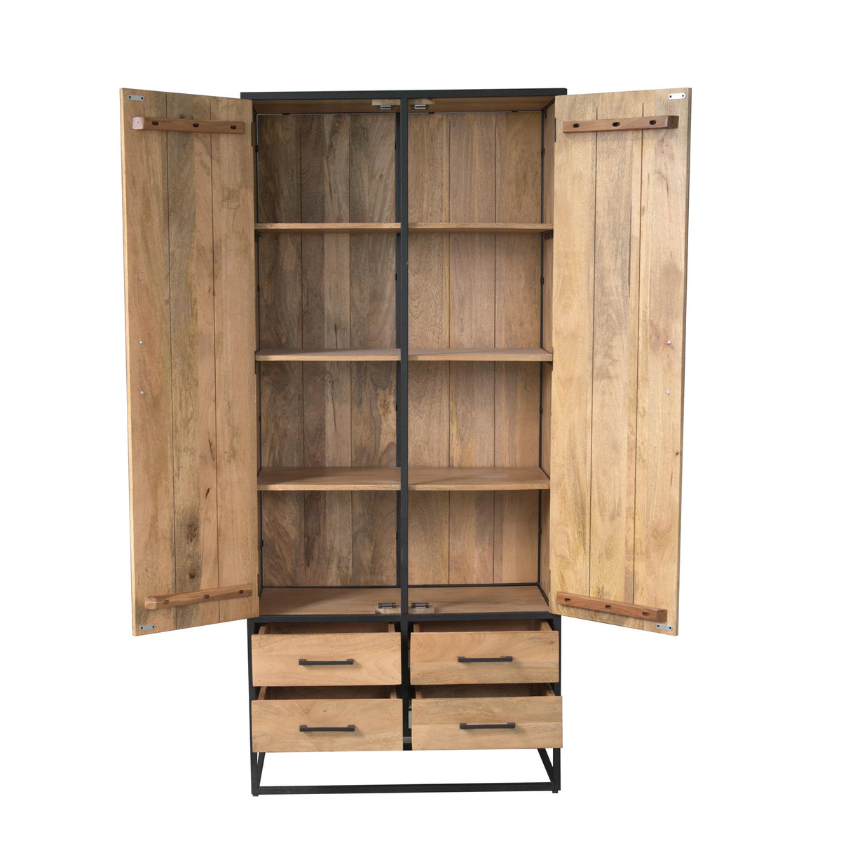 Open kast met houten schappen achter twee deuren en vier lades onderin