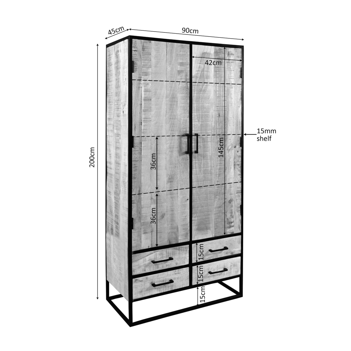 Kastafmetingen 90 cm breed, 200 cm hoog, met schap en vier lades