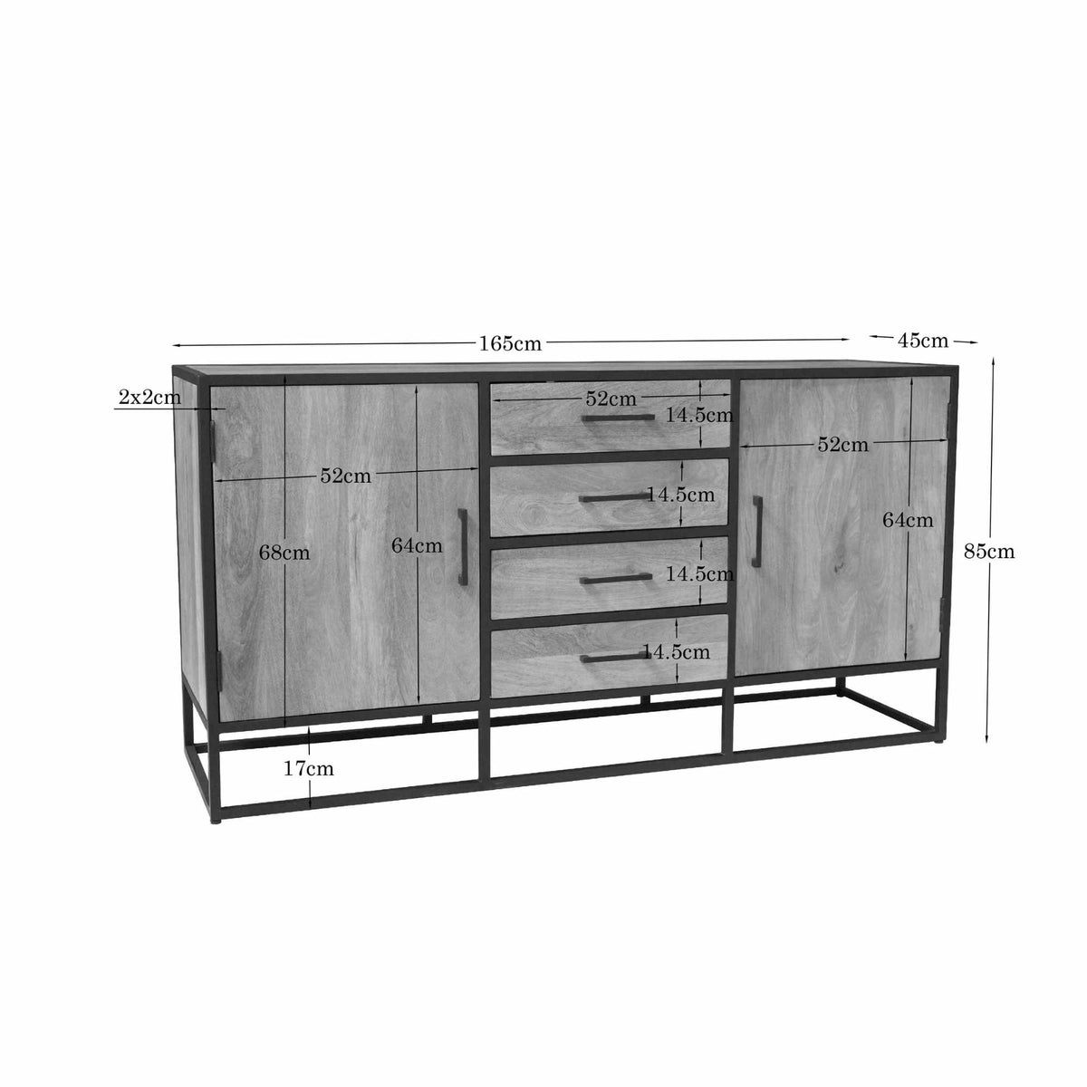 Dressoir Dakota met afmetingen: breedte 165 cm, hoogte 85 cm.