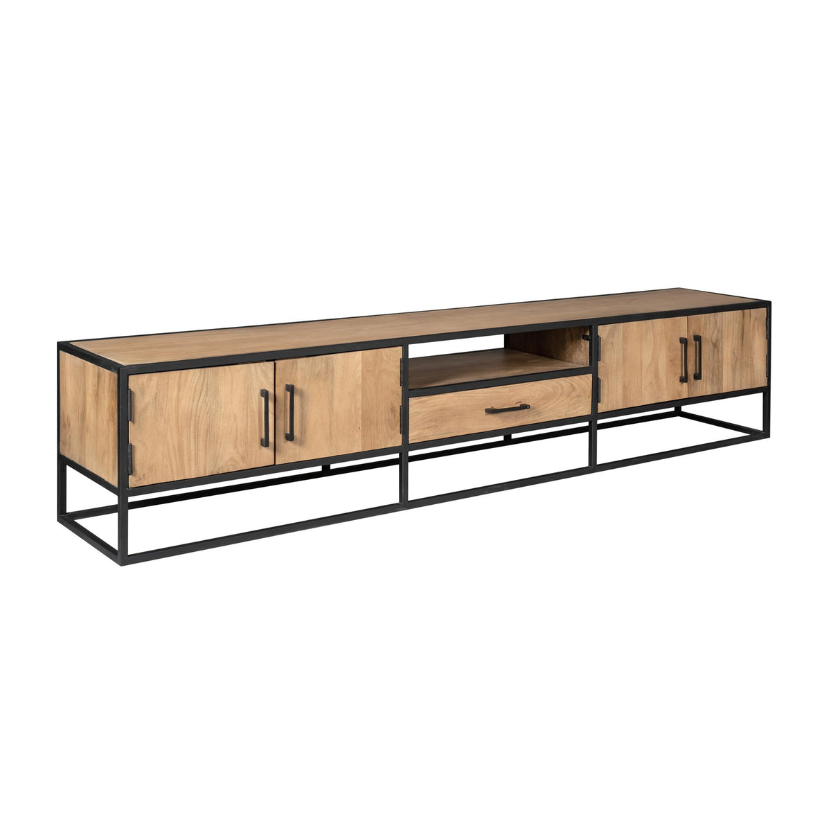 Tv-meubel Dakota met twee deuren, middenlade en open vak, zwart frame