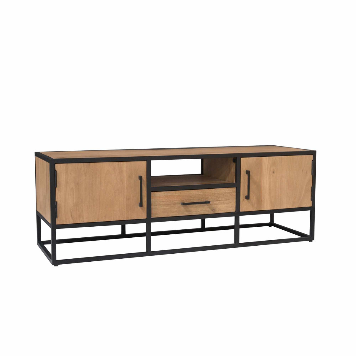 TV-meubel Dakota met zwart metalen frame, twee deuren en middenlade, houten panelen