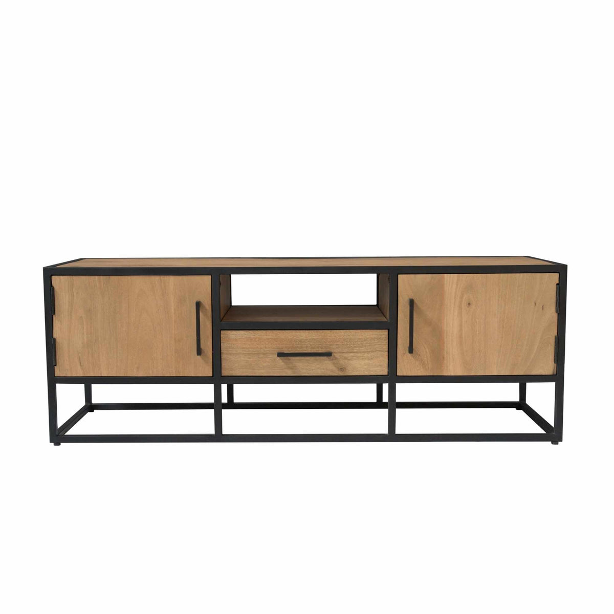 TV-meubel Dakota met twee frontdeuren, open middenvak en lade, hout en zwart