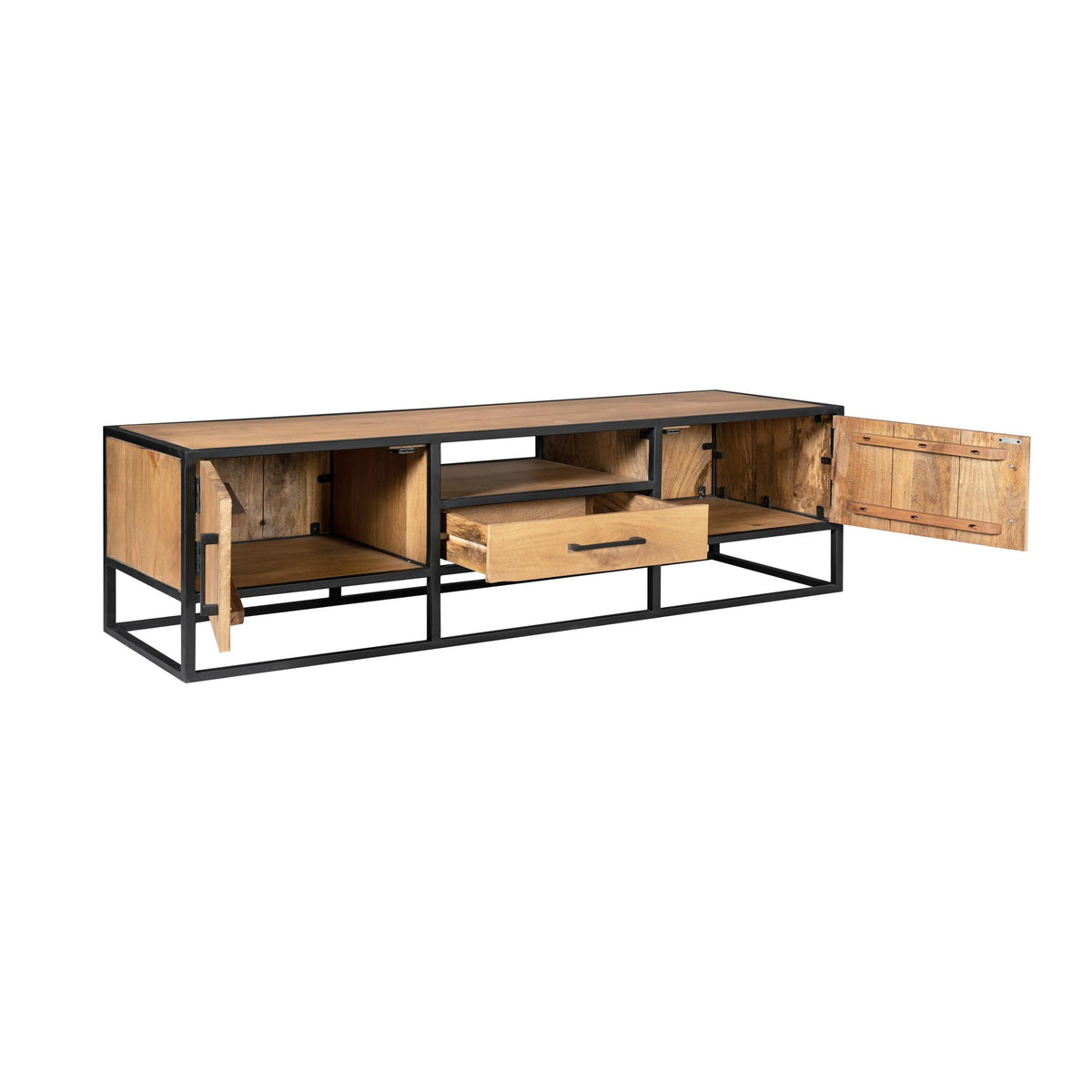 TV-meubel Dakota 180 cm met houtpanelen, zwarte poten en open vakken met lade.