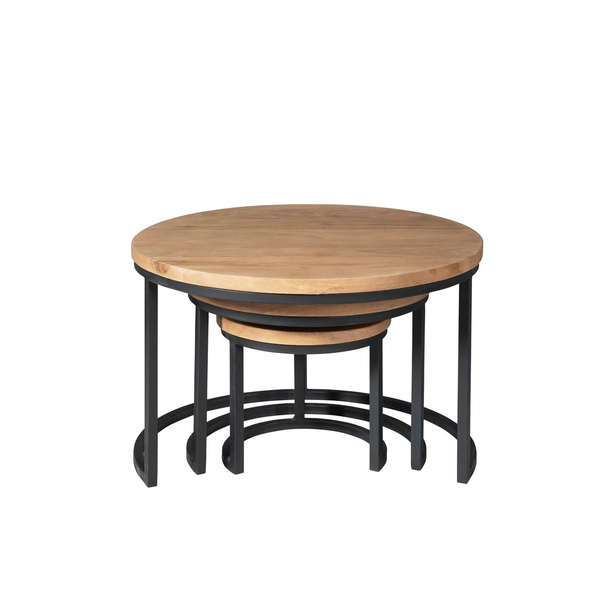 Set van 3 ronde salontafels met lichtbruin houten bladen en zwart metalen onderstellen
