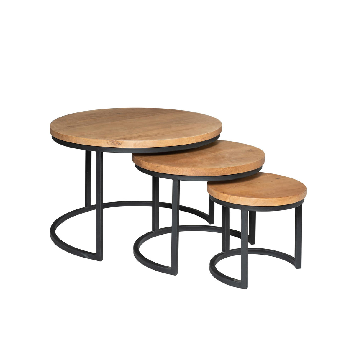 Nestelbare set van 3 ronde salontafels met houtkleurige bladen en zwarte metalen frames