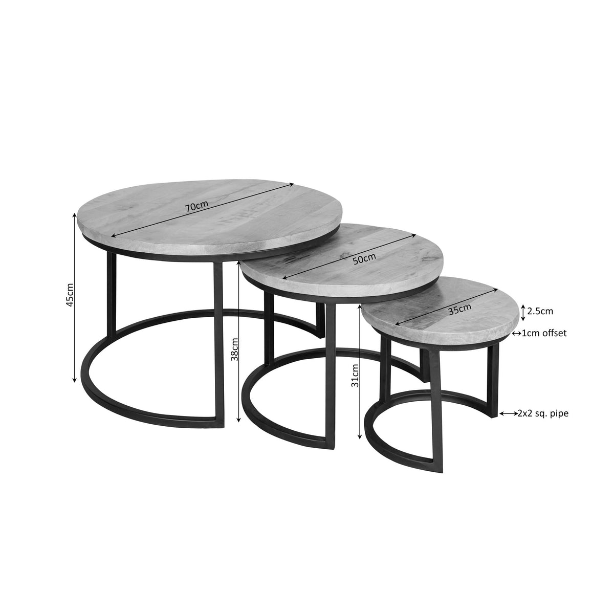 Set van 3 ronde salontafels met grijs houtkleurige bladen en zwarte metalen poten