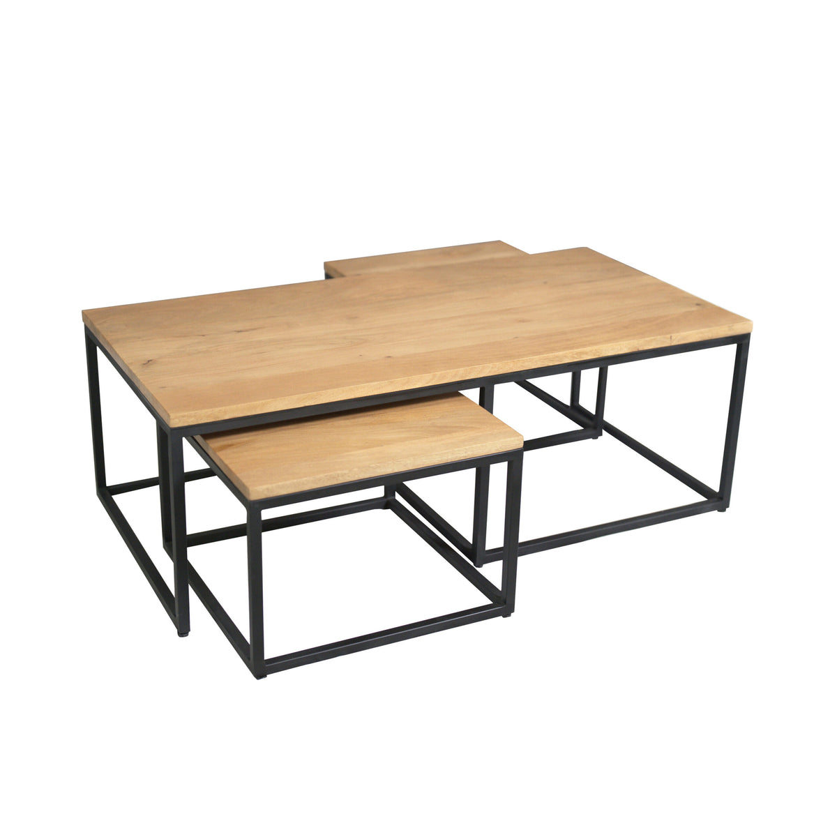 Salontafelset met houten top en zwart metalen frame, met bijtafel onder het hoofdblad