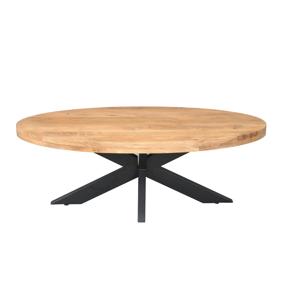 Ovale salontafel met licht eikenhouten blad en zwarte metalen kruispoten