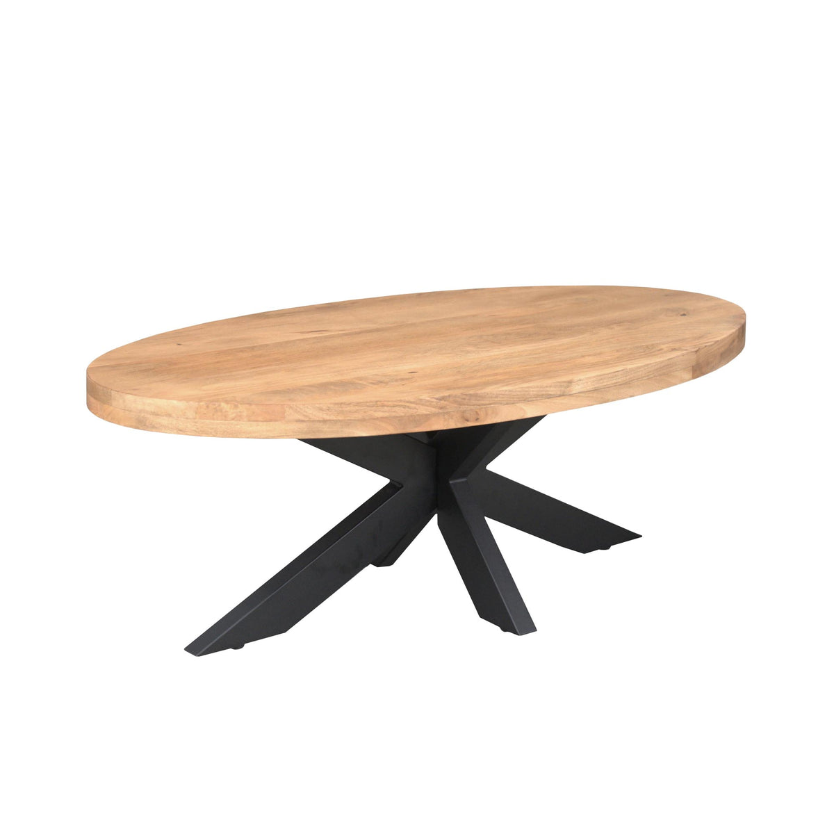Ovale salontafel met licht eikenhouten blad en zwarte metalen onderstel