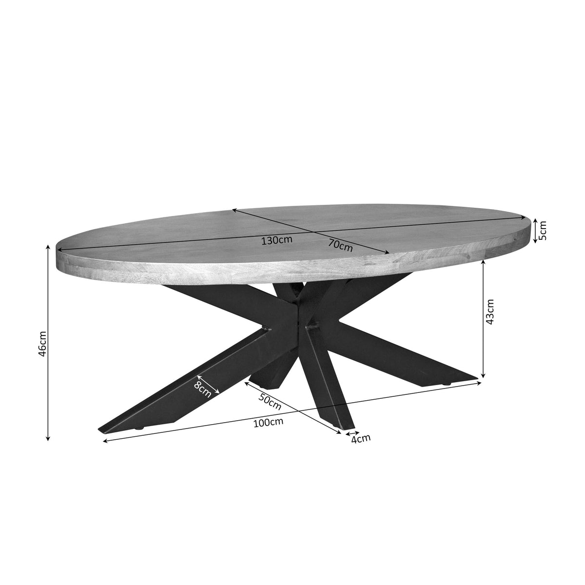 Ovale salontafel met licht eikenhouten blad en maatindicatie 130×70×46 cm