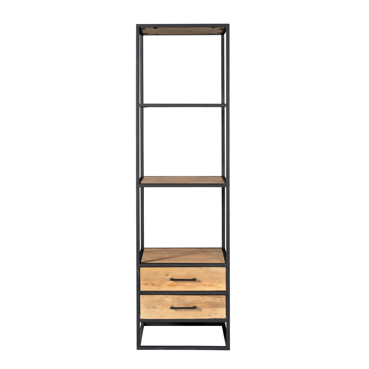 Boekenkast met 2 houtlades en legplanken, rechthoekig zwart metalen frame