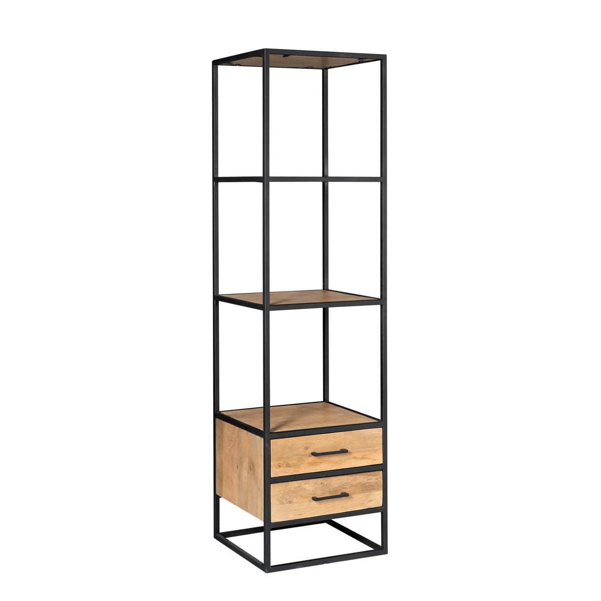 Boekenkast met open vakken en 2 houtlades, zwart metalen frame en legplanken