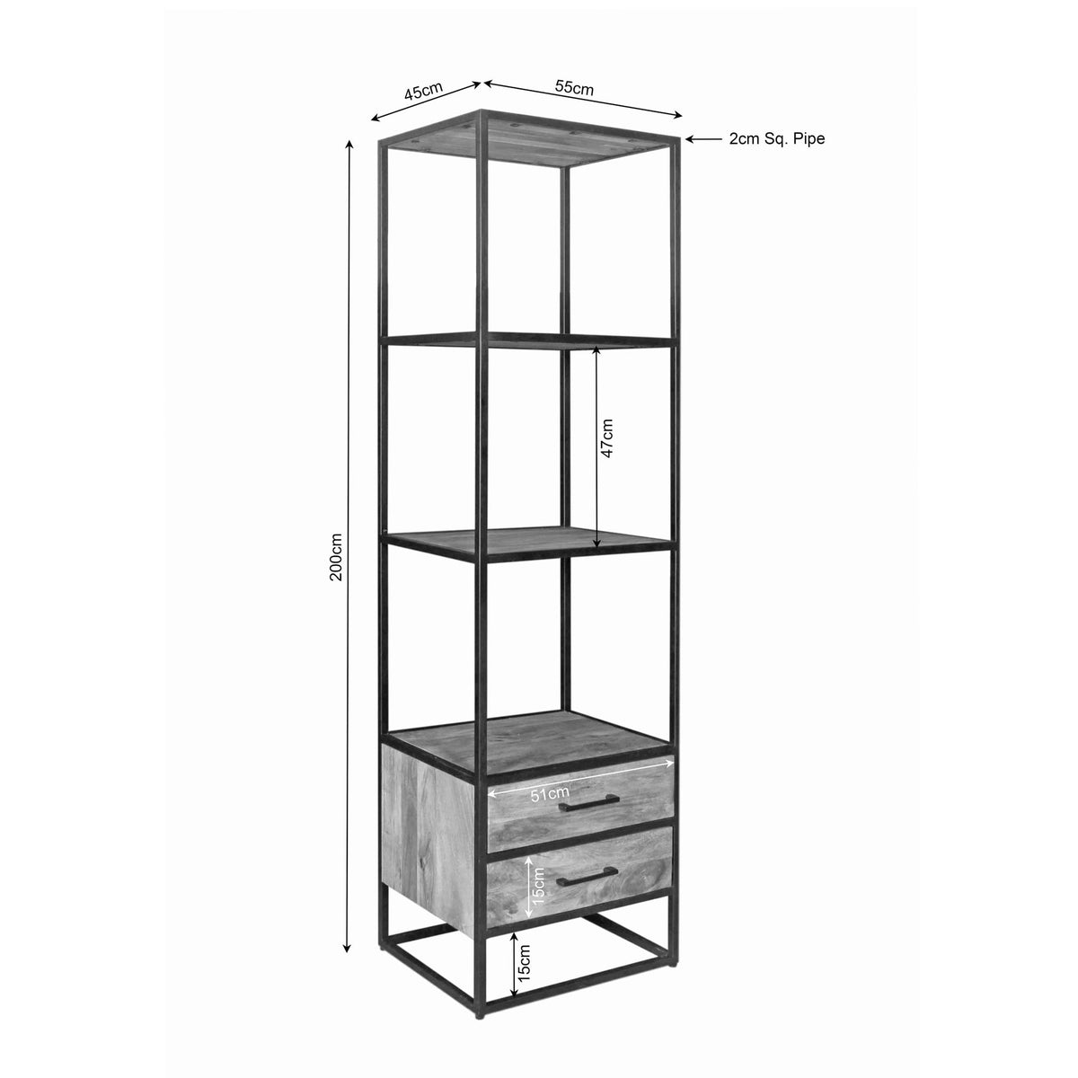 Boekenkast met afmetingenillustratie, open vakken en 2 houtlades; zwart metalen frame