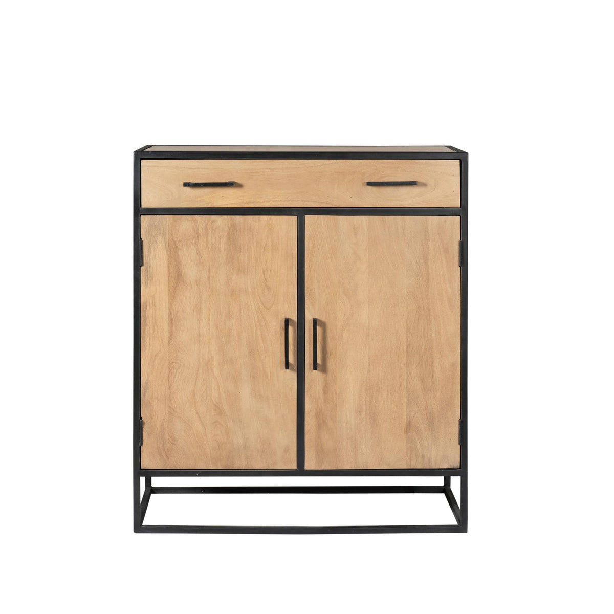 Houten kast met twee deuren, bovenlade en zwart metalen frame