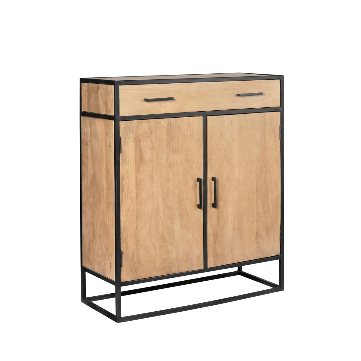 Houten kast met twee deuren en lade, zwarte greepjes en metalen frame