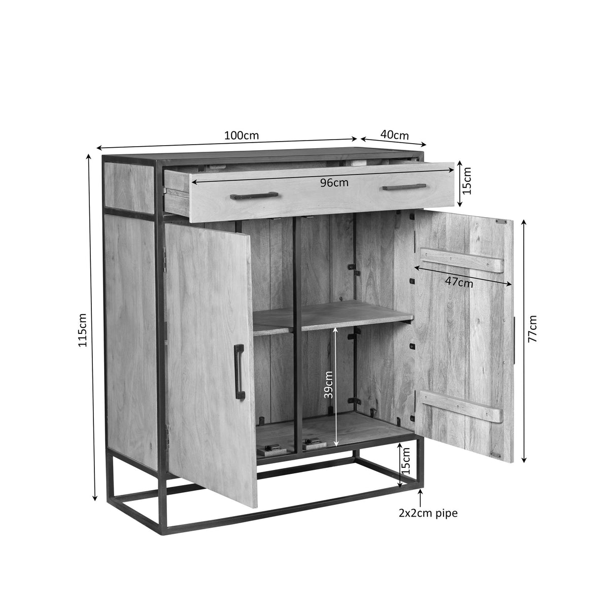 Houten kast met afmetingen 100 cm breed, 115 cm hoog en open vakken