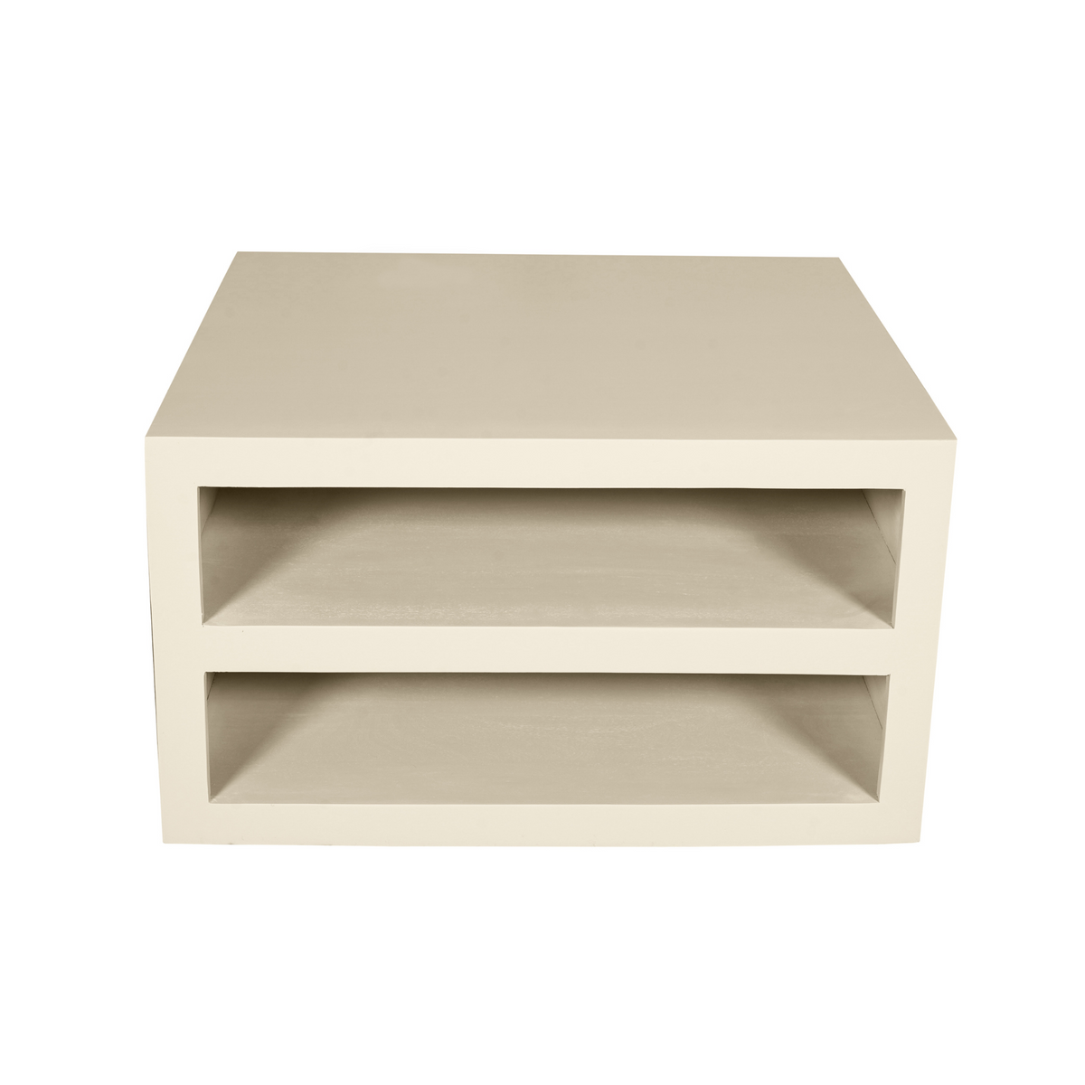 Salontafel zandkleur met twee open planken en rechthoekig blad, hoekaanzicht.