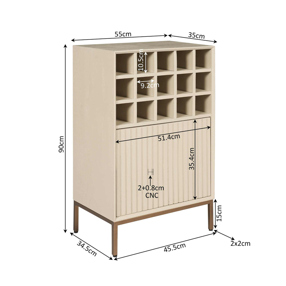 Wijnkast Madison zand met afmetingen: 55 cm breed, 35 cm diep en 90 cm hoog