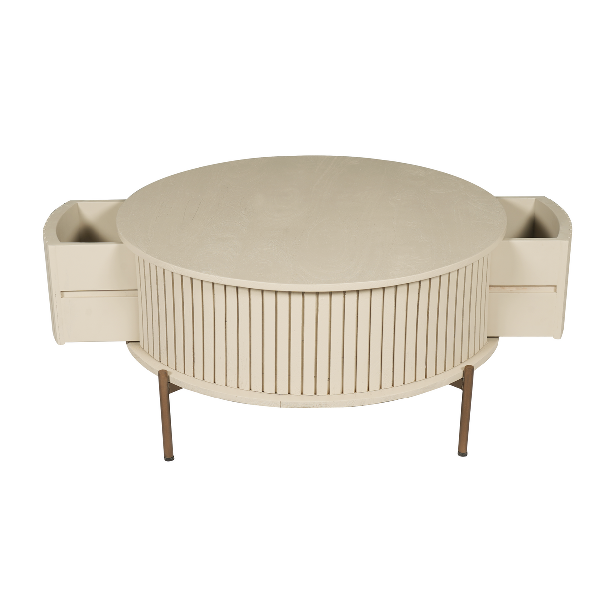 Ronde salontafel met zijdelingse opberglades, verticale lamellen en zandkleurige poten