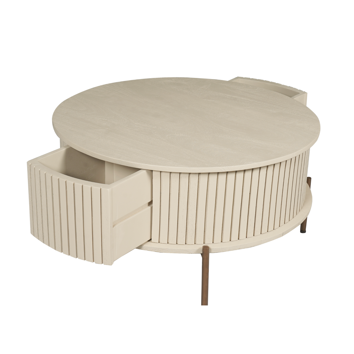 Ronde salontafel met open zijcompartimenten, verticale lamellen en zandkleurige zijkant
