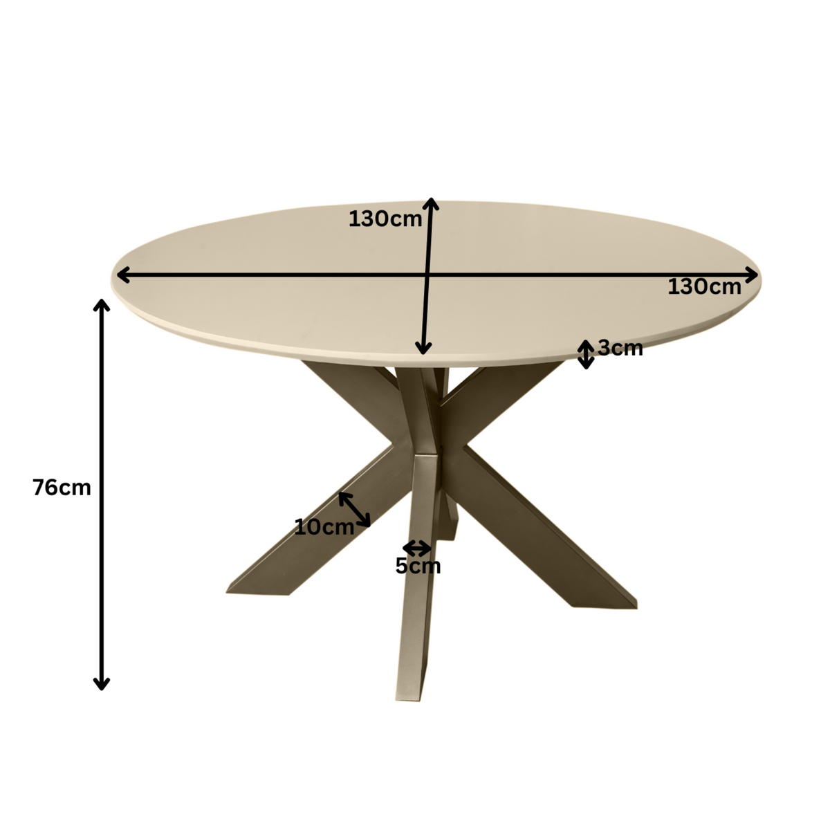 Ronde tafel: 130 cm diameter, 76 cm hoog, zandblad met X-poten