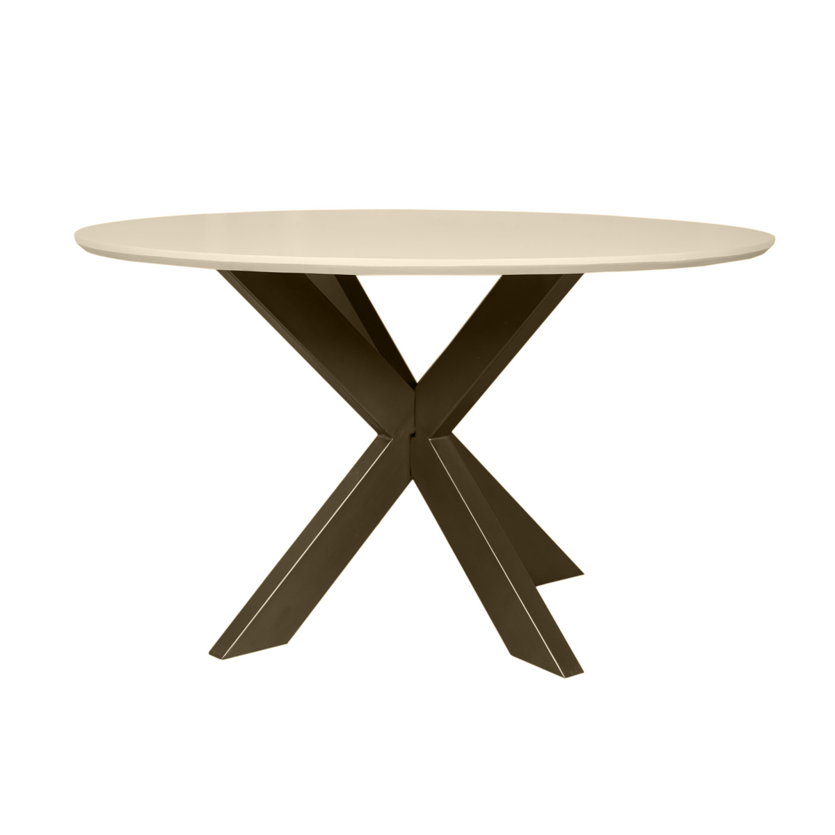 Ronde eettafel met zandkleurig blad en donkere X-poten, zijaanzicht