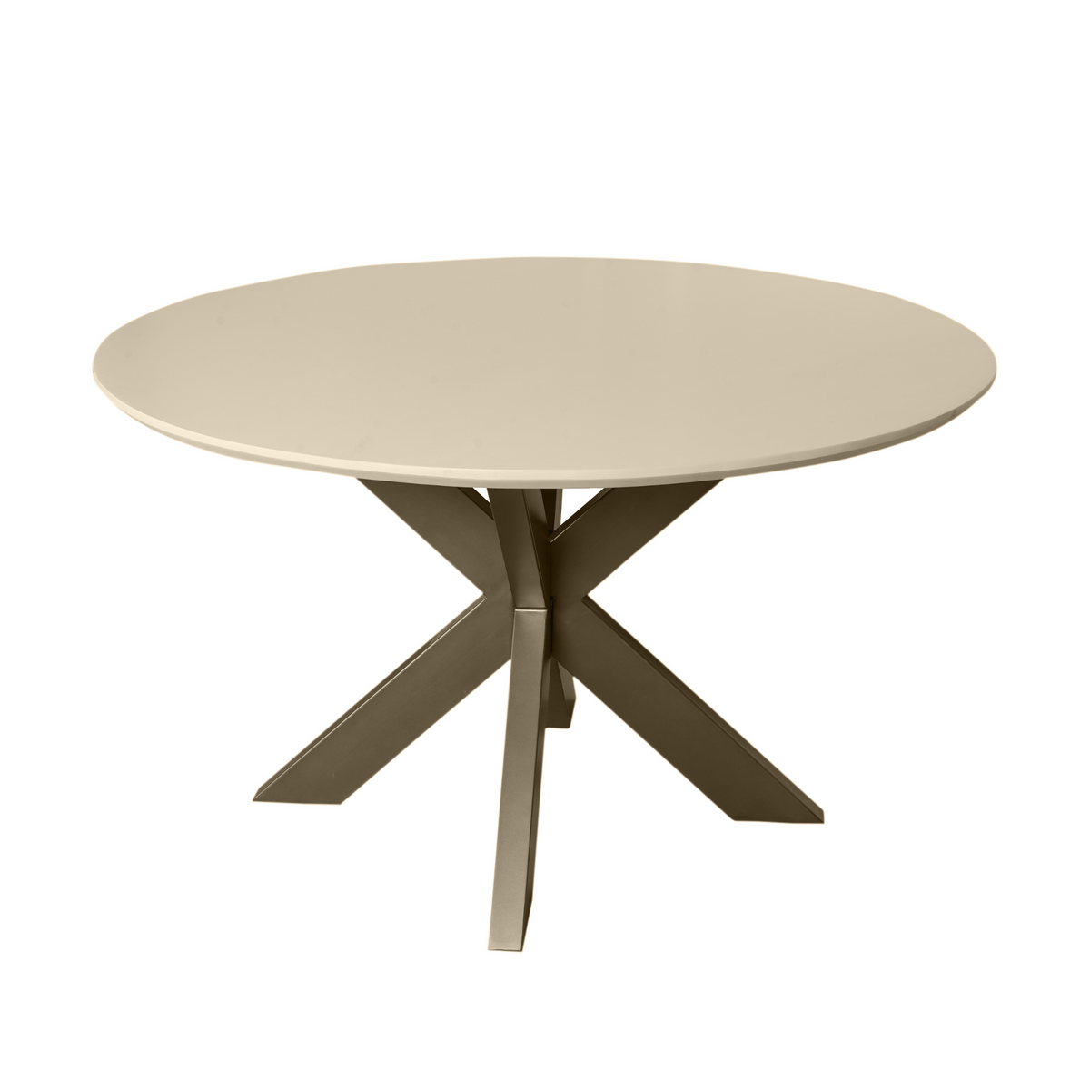 Zijaanzicht van ronde eettafel met zandblad en X-pootconstructie