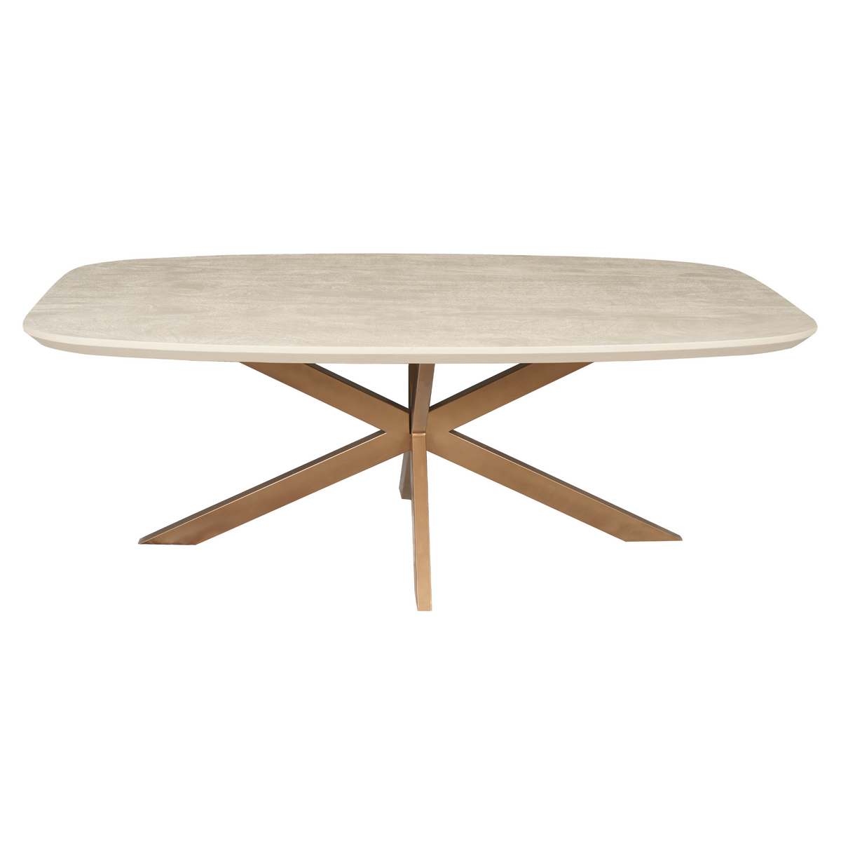 Eettafel met rond-ovale zandkleurige top en houten kruispoot onderstel.