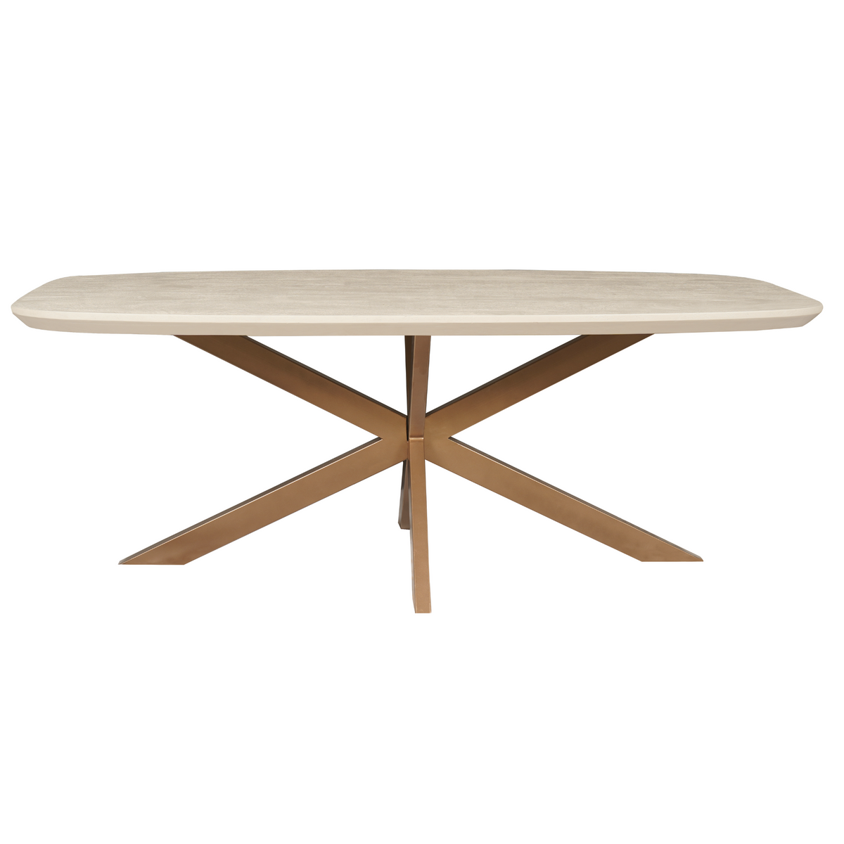 Ovale eettafel met zandkleurig blad en gekruiste houten poten, strak frontaanzicht
