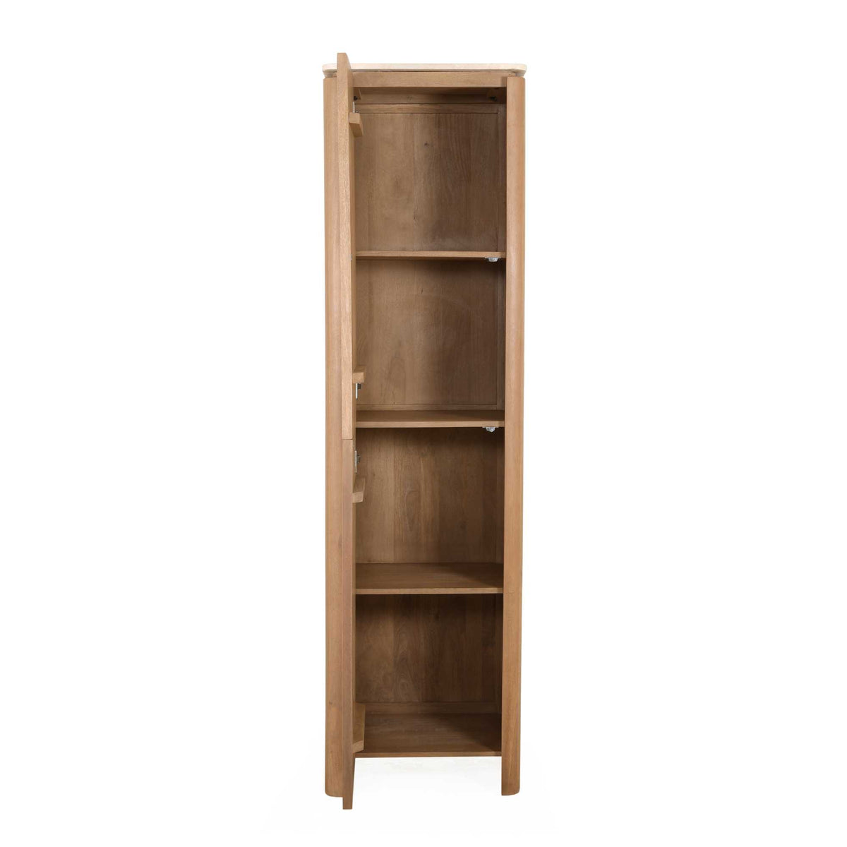 Open kast met naturel mangohouten planken en houten binnenwanden