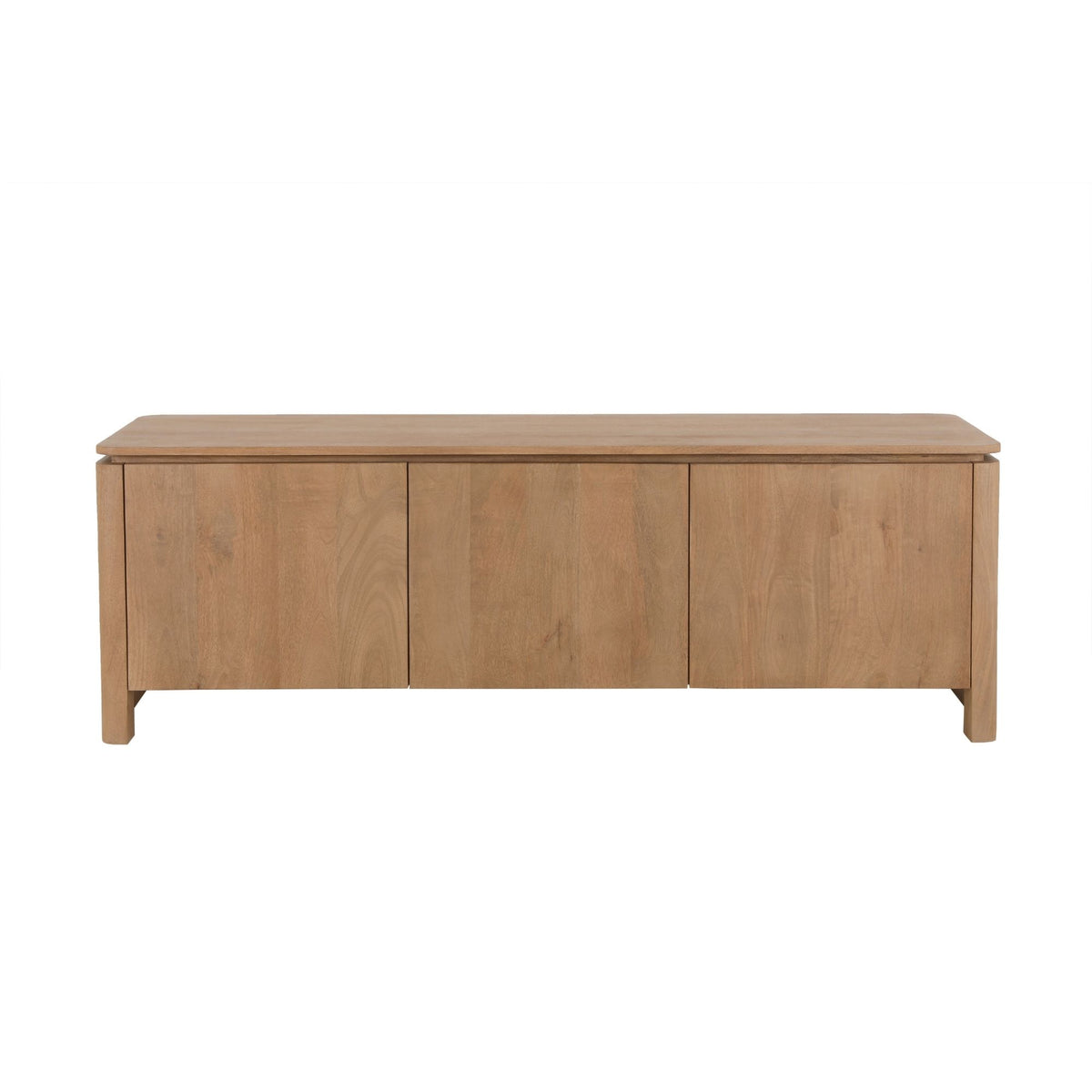 TV-meubel naturel mangohout met 3 frontpanelen en hoge houten poten.