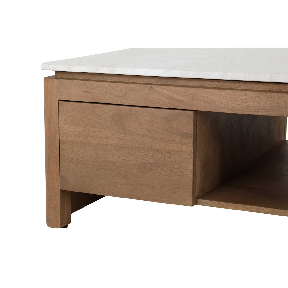 Zijaanzicht vierkante salontafel met lade en open nis, naturel mangohout, massief blad