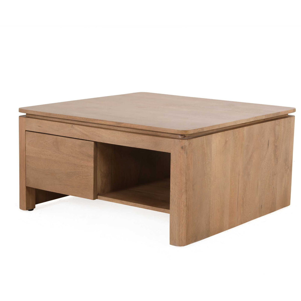 Vierkante salontafel met kastgedeelte en open vak, naturel mangohout, afgeronde hoeken