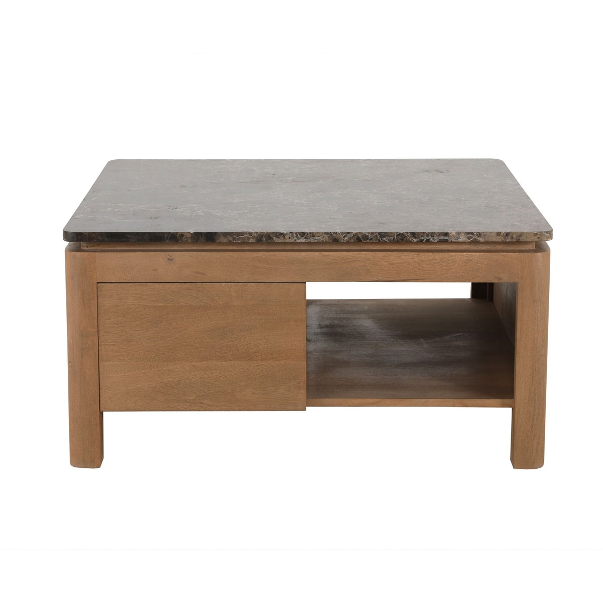Vierkante salontafel met open vak en lade, naturel mangohout, donkergrijs steenkleurig blad